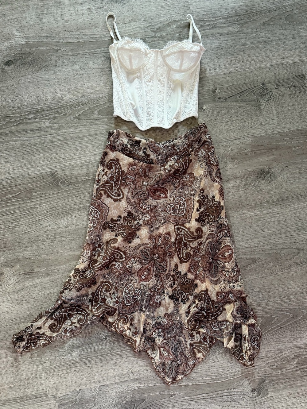 Paisley Asymmetric Midi Skirt in Brown